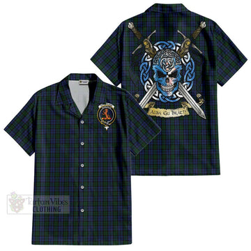 Sutherland Tartan Short Sleeve Button Shirt with Family Crest Celtic Skull Style