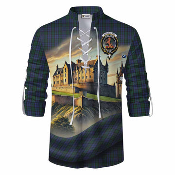 Sutherland Tartan Family Crest Ghillie Kilt Shirt with Scottish Ancient Castle Style Men - Tartan Vibes Clothing