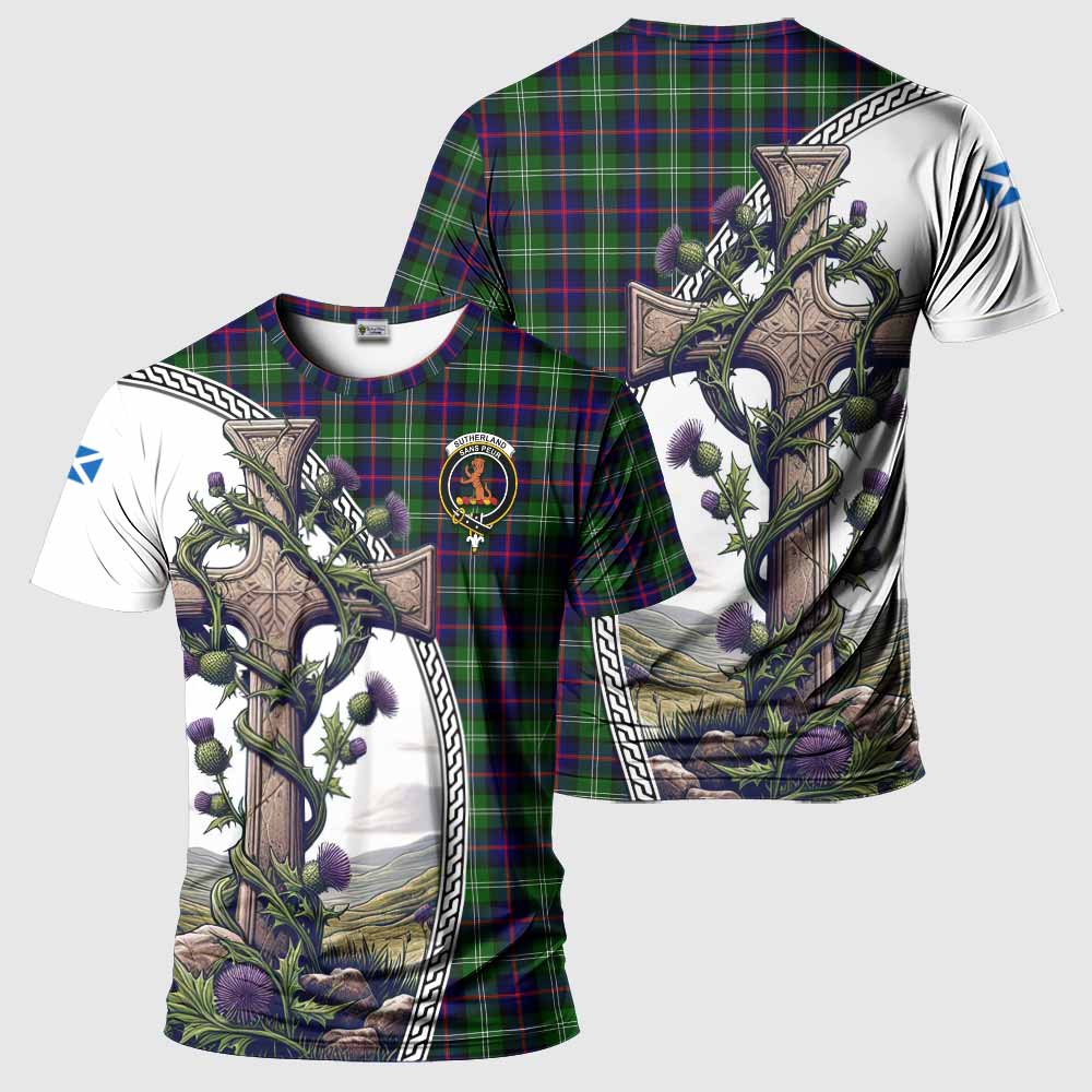 Tartan Vibes Clothing Sutherland Agnew Tartan T-Shirt with Family Crest and St. Andrew's Cross Accented by Thistle Vines