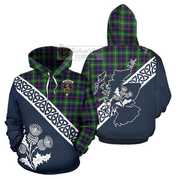 Sutherland Tartan Hoodie Featuring Thistle and Scotland Map