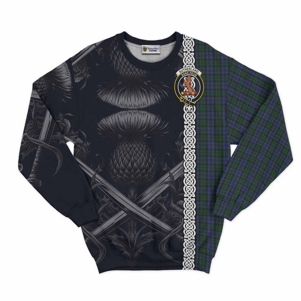 Tartan Vibes Clothing Sutherland Tartan Sweatshirt with Family Crest Cross Sword Thistle Celtic Vibes