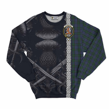 Sutherland Tartan Sweatshirt with Family Crest Cross Sword Thistle Celtic Vibes