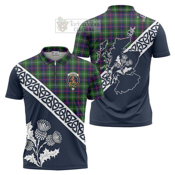 Sutherland Tartan Zipper Polo Shirt Featuring Thistle and Scotland Map