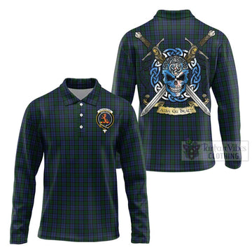 Sutherland Tartan Long Sleeve Polo Shirt with Family Crest Celtic Skull Style