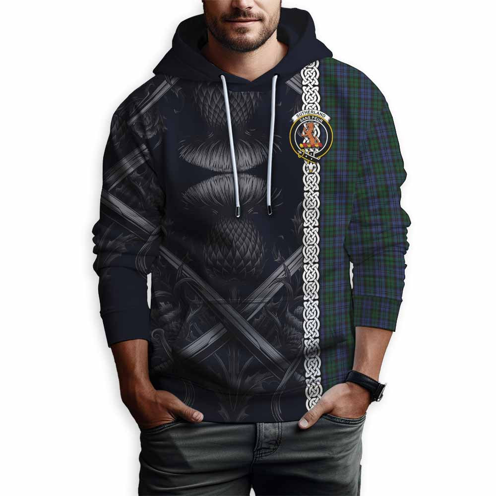 Tartan Vibes Clothing Sutherland Tartan Hoodie with Family Crest Cross Sword Thistle Celtic Vibes