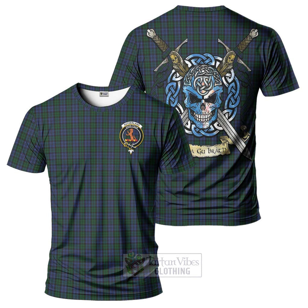 Tartan Vibes Clothing Sutherland Tartan T-Shirt with Family Crest Celtic Skull Style