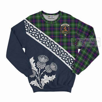 Sutherland Tartan Sweatshirt Featuring Thistle and Scotland Map