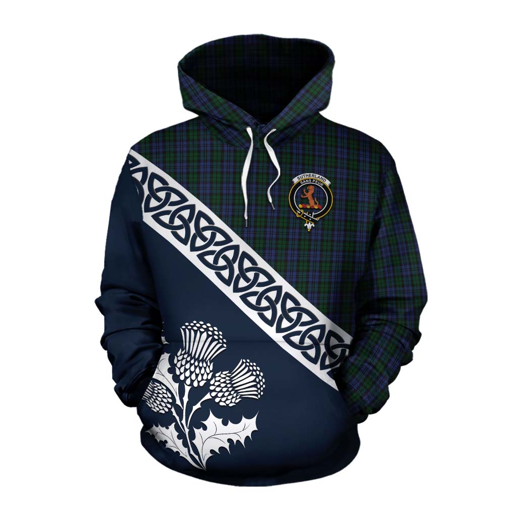 Tartan Vibes Clothing Sutherland Tartan Cotton Hoodie Featuring Thistle and Scotland Map