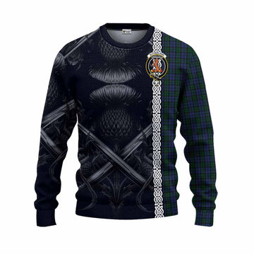 Sutherland Tartan Knitted Sweater with Family Crest Cross Sword Thistle Celtic Vibes