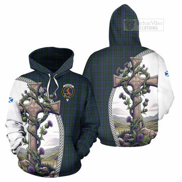 Sutherland Tartan Hoodie with Family Crest and St. Andrew's Cross Accented by Thistle Vines