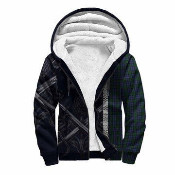 Sutherland Tartan Sherpa Hoodie with Family Crest Cross Sword Thistle Celtic Vibes