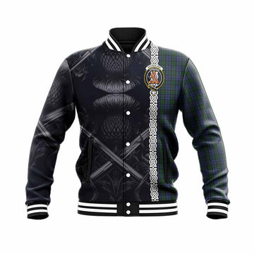 Sutherland Tartan Baseball Jacket with Family Crest Cross Sword Thistle Celtic Vibes