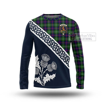 Sutherland Tartan Long Sleeve T-Shirt Featuring Thistle and Scotland Map