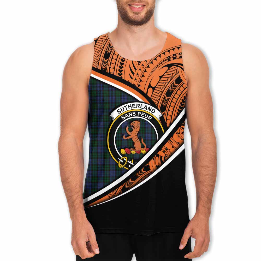 Tartan Vibes Clothing Sutherland Crest Tartan Men's Tank Top with Maori Tattoo Style - Orange Version