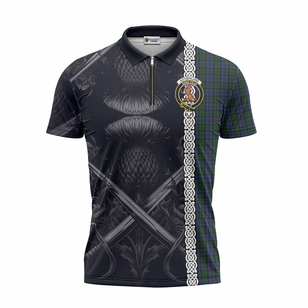 Tartan Vibes Clothing Sutherland Tartan Zipper Polo Shirt with Family Crest Cross Sword Thistle Celtic Vibes