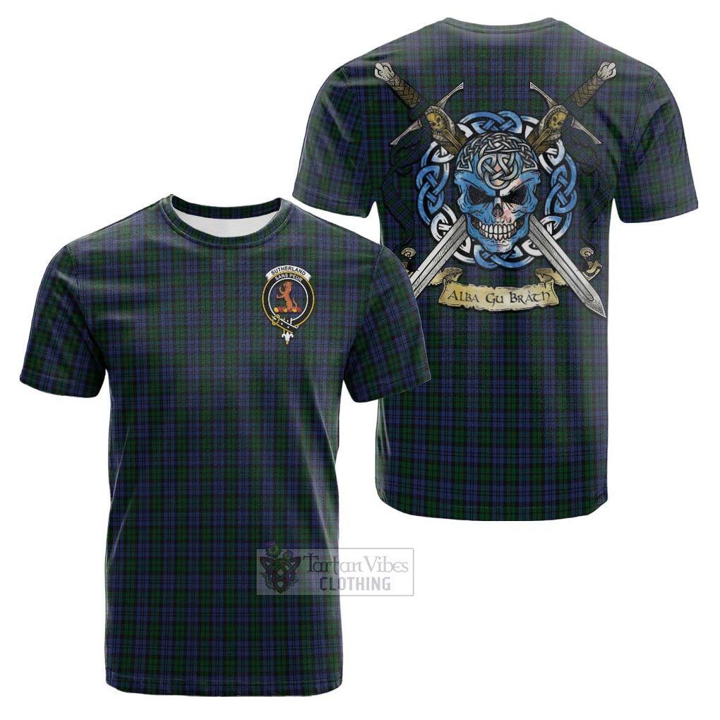 Tartan Vibes Clothing Sutherland Tartan Cotton T-shirt with Family Crest Celtic Skull Style