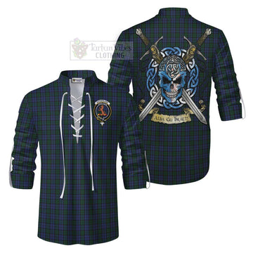 Sutherland Tartan Ghillie Kilt Shirt with Family Crest Celtic Skull Style