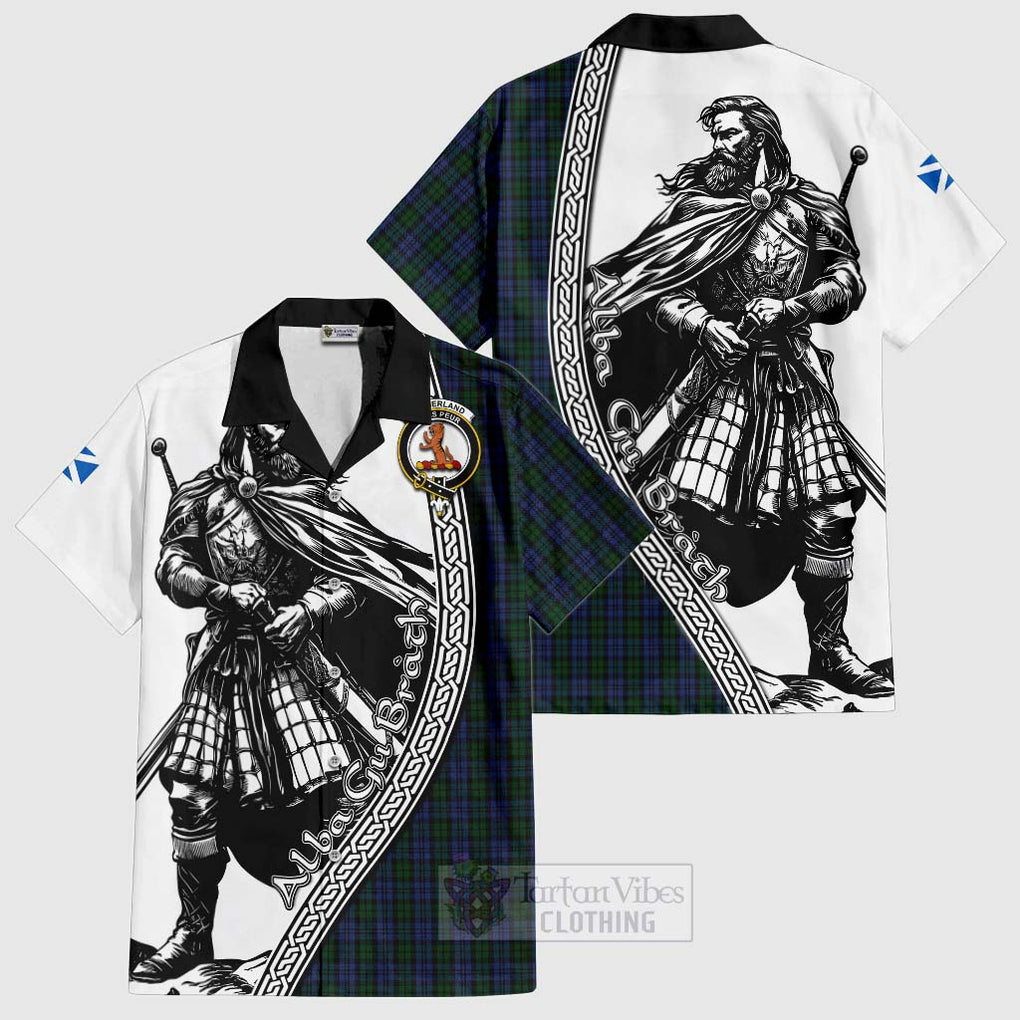 Tartan Vibes Clothing Sutherland Tartan Clan Crest Short Sleeve Button Shirt with Highlander Warrior Celtic Style