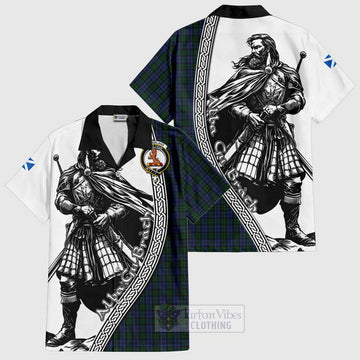 Sutherland Tartan Clan Crest Short Sleeve Button Shirt with Highlander Warrior Celtic Style