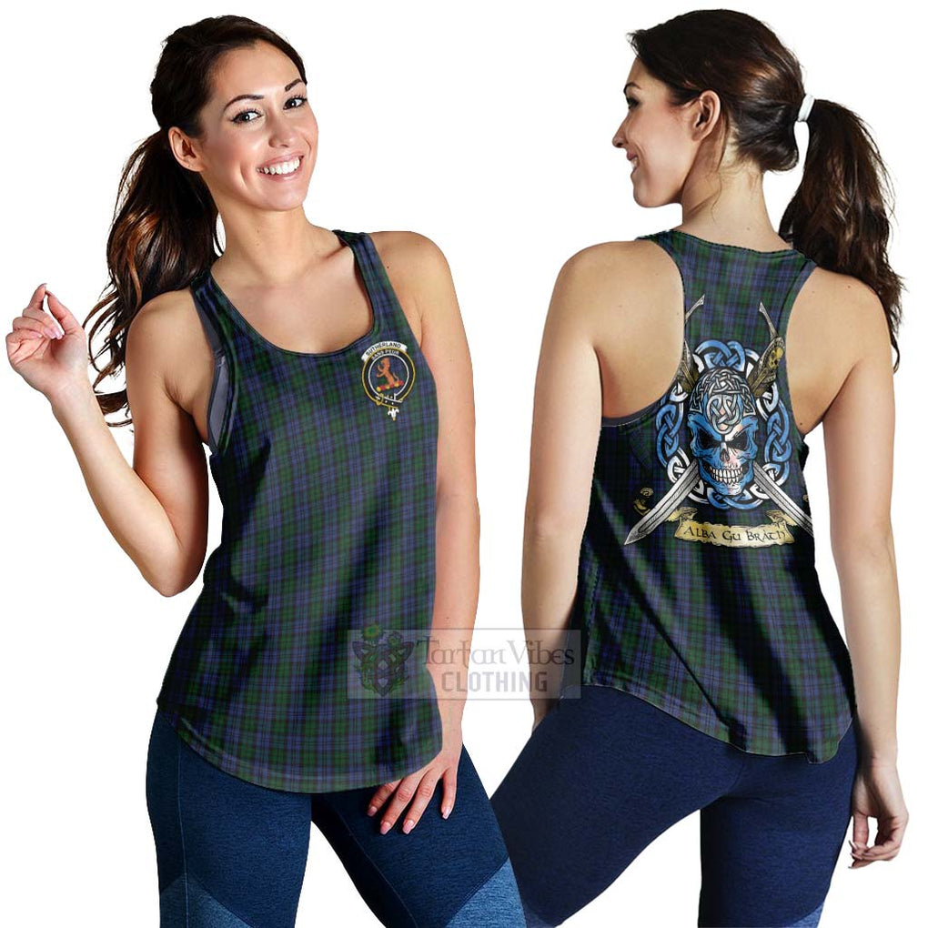 Tartan Vibes Clothing Sutherland Tartan Women's Racerback Tanks with Family Crest Celtic Skull Style