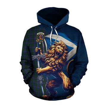 Sutherland Tartan Family Crest Cotton Hoodie with Scottish Majestic Lion