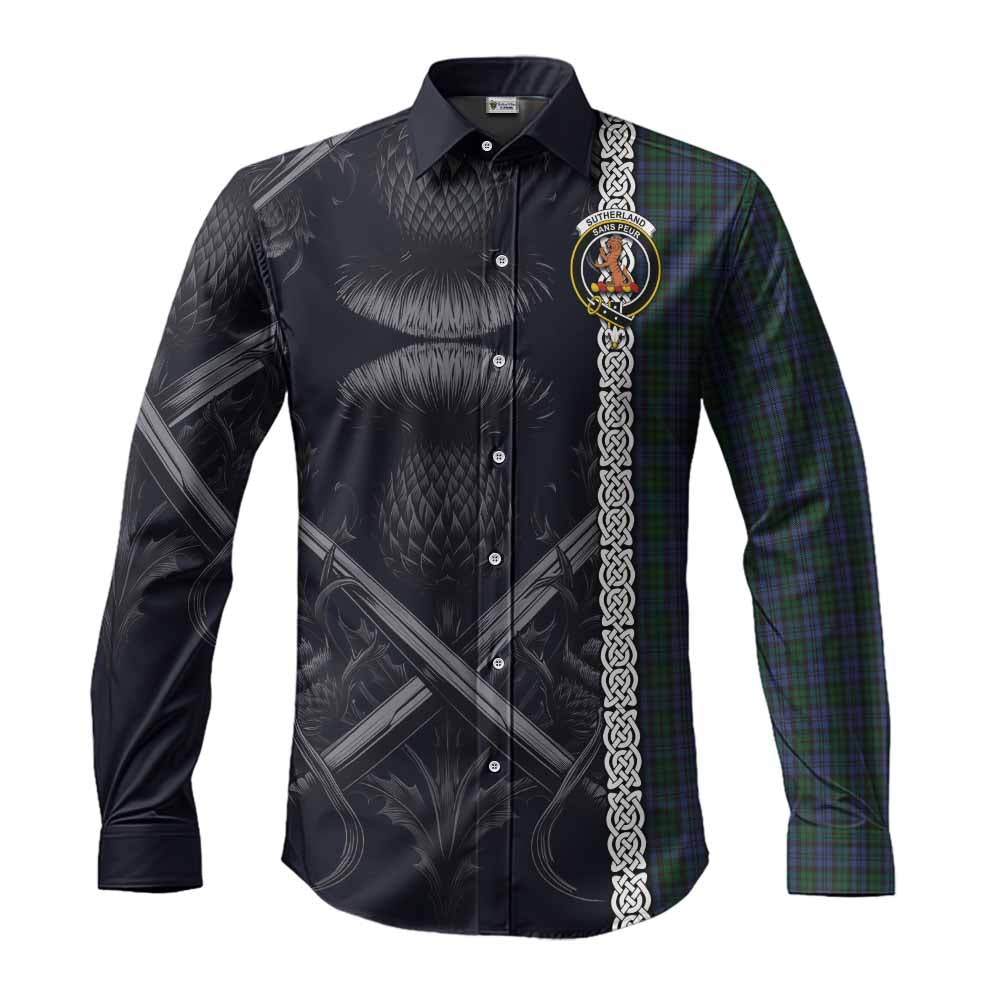 Tartan Vibes Clothing Sutherland Tartan Long Sleeve Button Shirt with Family Crest Cross Sword Thistle Celtic Vibes