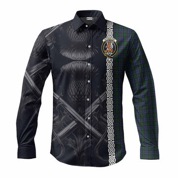 Sutherland Tartan Long Sleeve Button Shirt with Family Crest Cross Sword Thistle Celtic Vibes