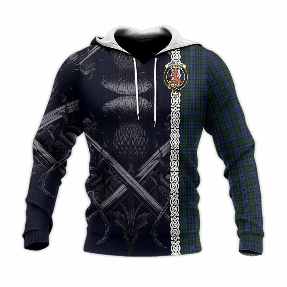 Tartan Vibes Clothing Sutherland Tartan Knitted Hoodie with Family Crest Cross Sword Thistle Celtic Vibes