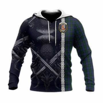 Sutherland Tartan Knitted Hoodie with Family Crest Cross Sword Thistle Celtic Vibes