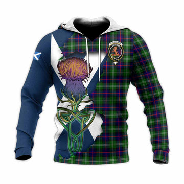 Sutherland Tartan Family Crest Knitted Hoodie Scottish Thistle Celtic Inspired Unisex Knitted Pullover Hoodie - Tartan Vibes Clothing