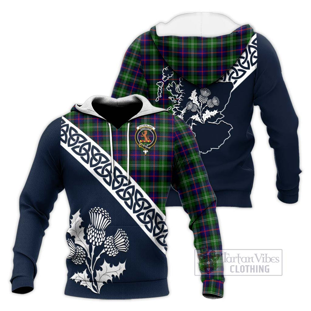 Sutherland Tartan Knitted Hoodie Featuring Thistle and Scotland Map Unisex Knitted Pullover Hoodie - Tartan Vibes Clothing