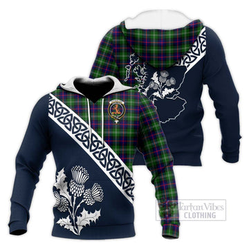 Sutherland Tartan Knitted Hoodie Featuring Thistle and Scotland Map