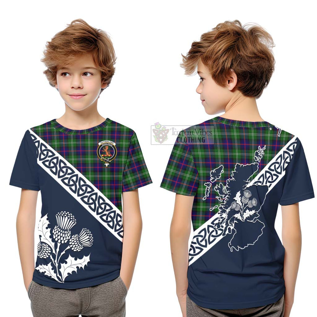 Tartan Vibes Clothing Sutherland Tartan Kid T-Shirt Featuring Thistle and Scotland Map