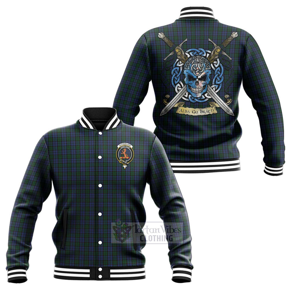 Tartan Vibes Clothing Sutherland Tartan Baseball Jacket with Family Crest Celtic Skull Style