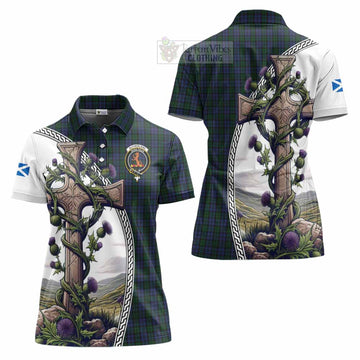 Sutherland Tartan Women's Polo Shirt with Family Crest and St. Andrew's Cross Accented by Thistle Vines