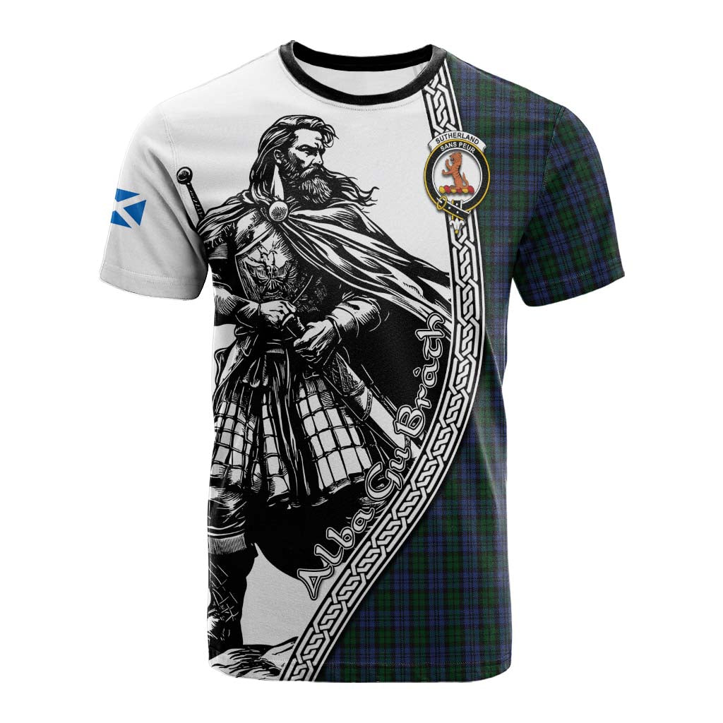 Sutherland Tartan Clan Crest Cotton T-shirt with Highlander Warrior Celtic Style