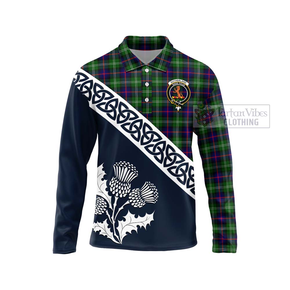 Tartan Vibes Clothing Sutherland Tartan Long Sleeve Polo Shirt Featuring Thistle and Scotland Map