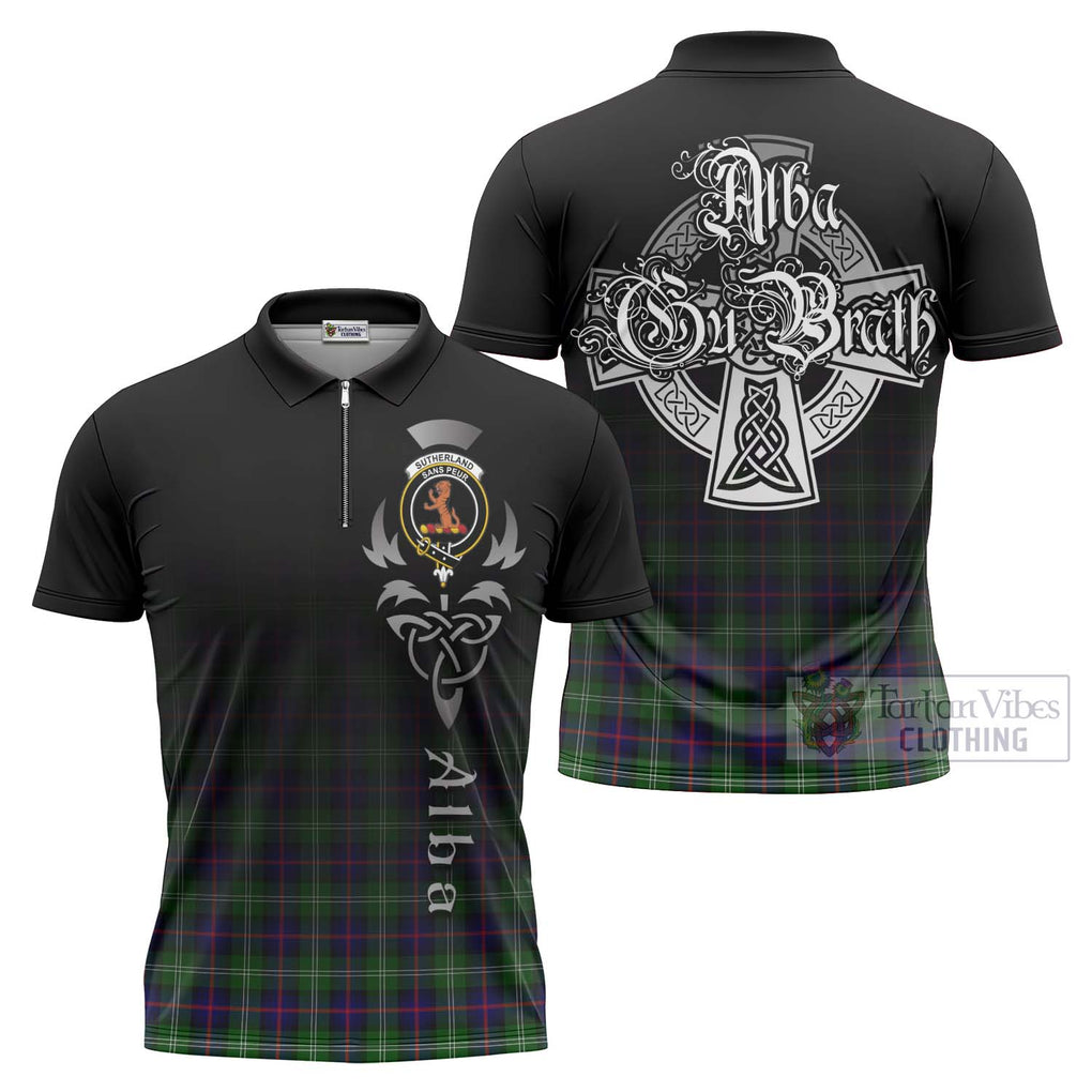 Tartan Vibes Clothing Sutherland Tartan Zipper Polo Shirt Featuring Alba Gu Brath Family Crest Celtic Inspired