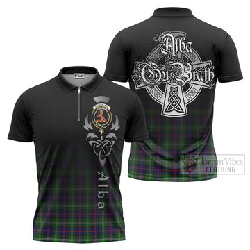 Sutherland Tartan Zipper Polo Shirt Featuring Alba Gu Brath Family Crest Celtic Inspired