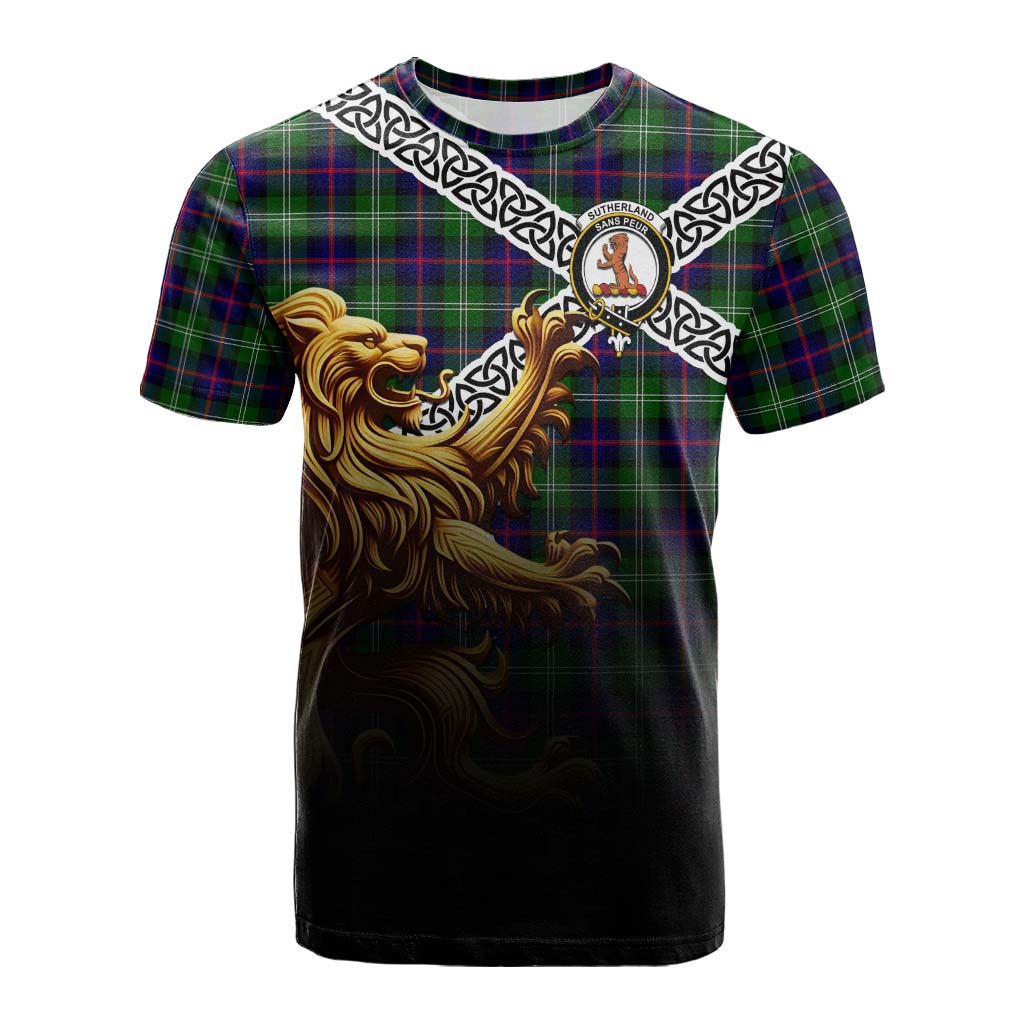 Sutherland Crest Tartan Cotton T-shirt with Golden Lion Emblem Celtic Style Kid's Shirt - Tartan Vibes Clothing