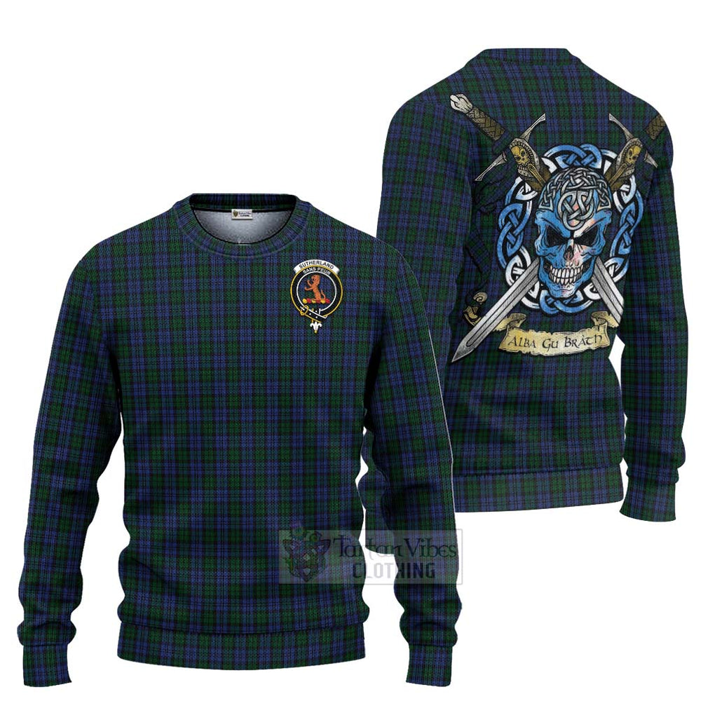 Tartan Vibes Clothing Sutherland Tartan Knitted Sweater with Family Crest Celtic Skull Style