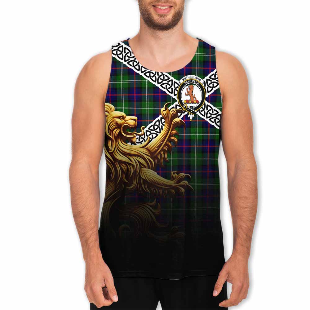 Sutherland Crest Tartan Men's Tank Top with Golden Lion Emblem Celtic Style Men - Tartan Vibes Clothing