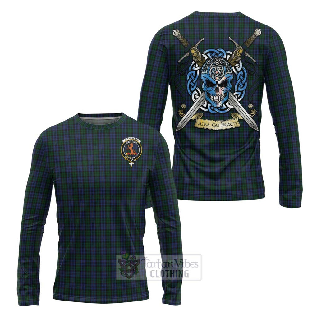 Tartan Vibes Clothing Sutherland Tartan Long Sleeve T-Shirt with Family Crest Celtic Skull Style