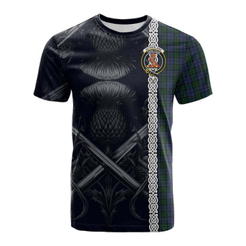 Sutherland Tartan Cotton T-shirt with Family Crest Cross Sword Thistle Celtic Vibes