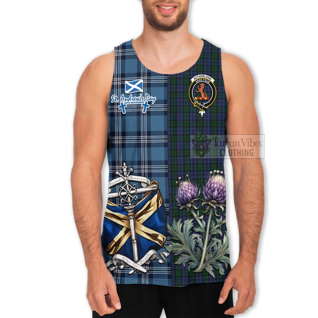 Tartan Vibes Clothing Sutherland Tartan Men's Tank Top Happy St. Andrew's Day Half Tartan Style