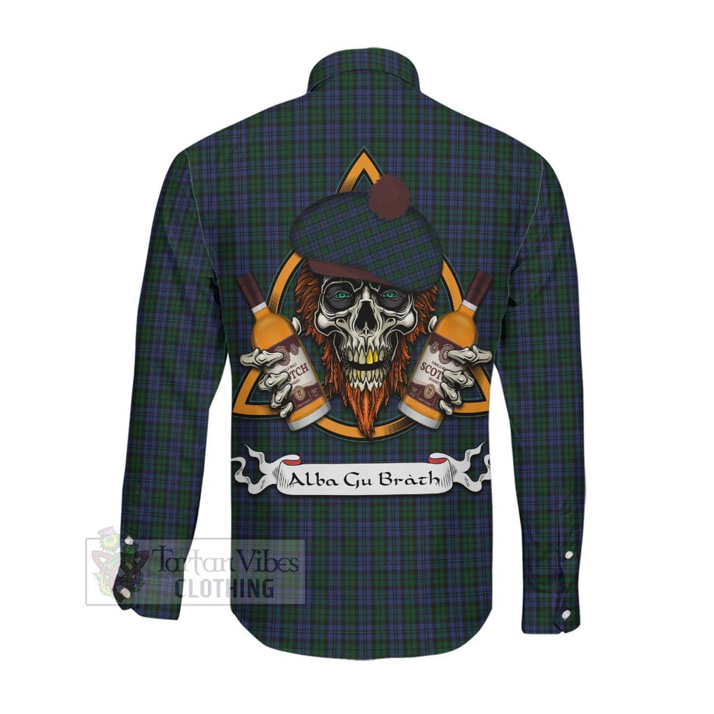 Tartan Vibes Clothing Sutherland Tartan Long Sleeve Button Shirt with Family Crest and Bearded Skull Holding Bottles of Whiskey