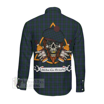 Sutherland Tartan Long Sleeve Button Shirt with Family Crest and Bearded Skull Holding Bottles of Whiskey