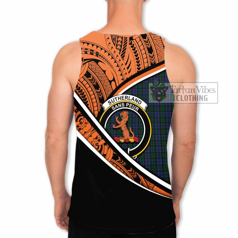 Tartan Vibes Clothing Sutherland Crest Tartan Men's Tank Top with Maori Tattoo Style - Orange Version