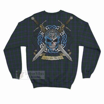 Sutherland Tartan Sweatshirt with Family Crest Celtic Skull Style