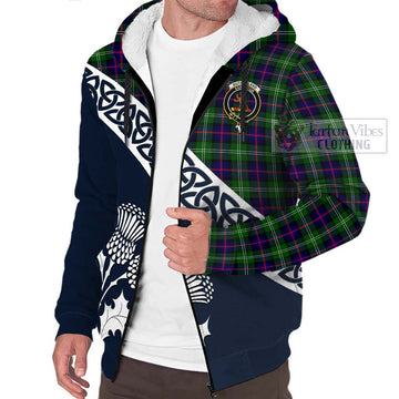 Sutherland Tartan Sherpa Hoodie Featuring Thistle and Scotland Map